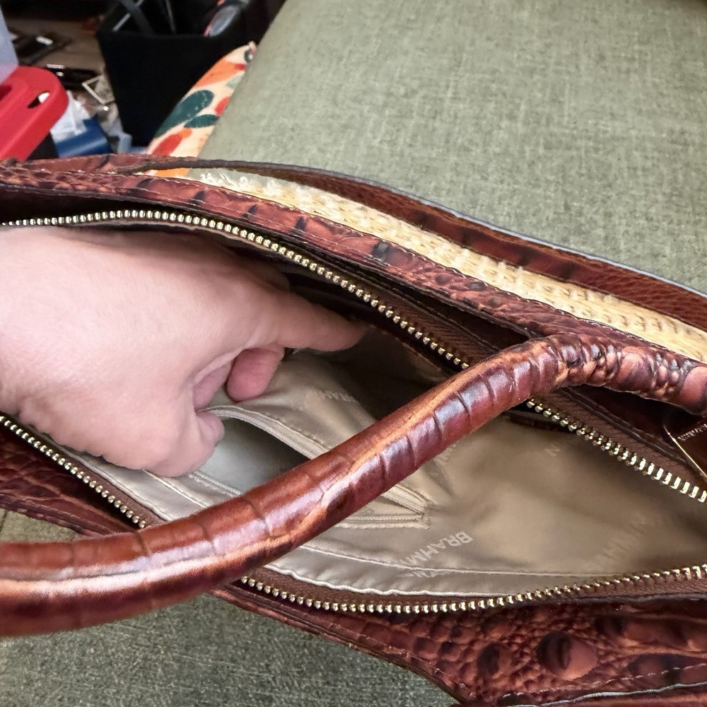 Brahmin Straw Raffia & Melbourne Embossed Leather Satchel Tote Brown Croc - Picture 6 of 13